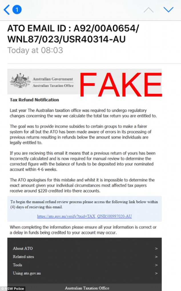 小心！网现澳洲税务局退税诈骗邮件